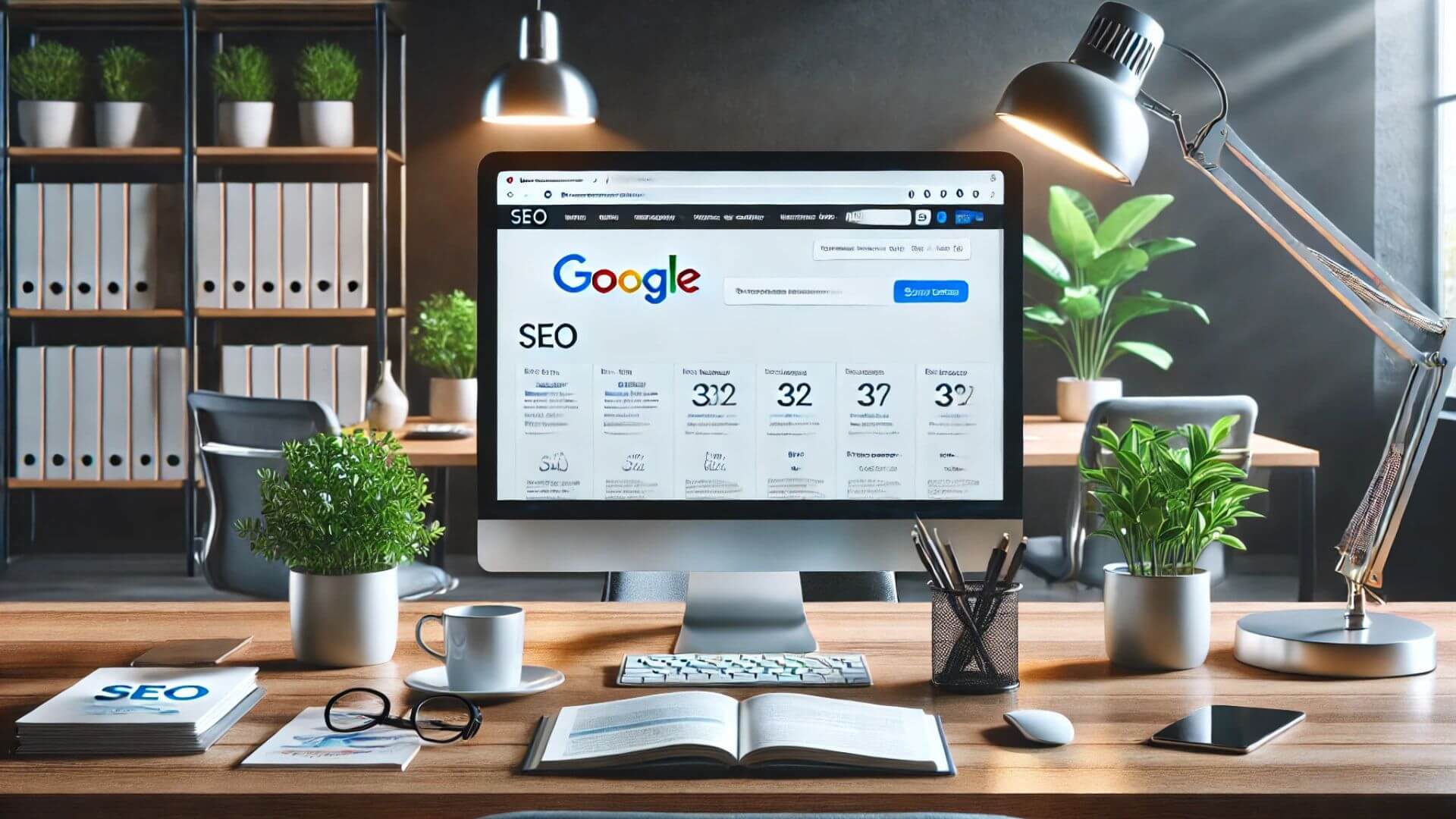 Ordinateur affichant Proagences en première page de Google dans un environnement de bureau moderne et professionnel.<br />
