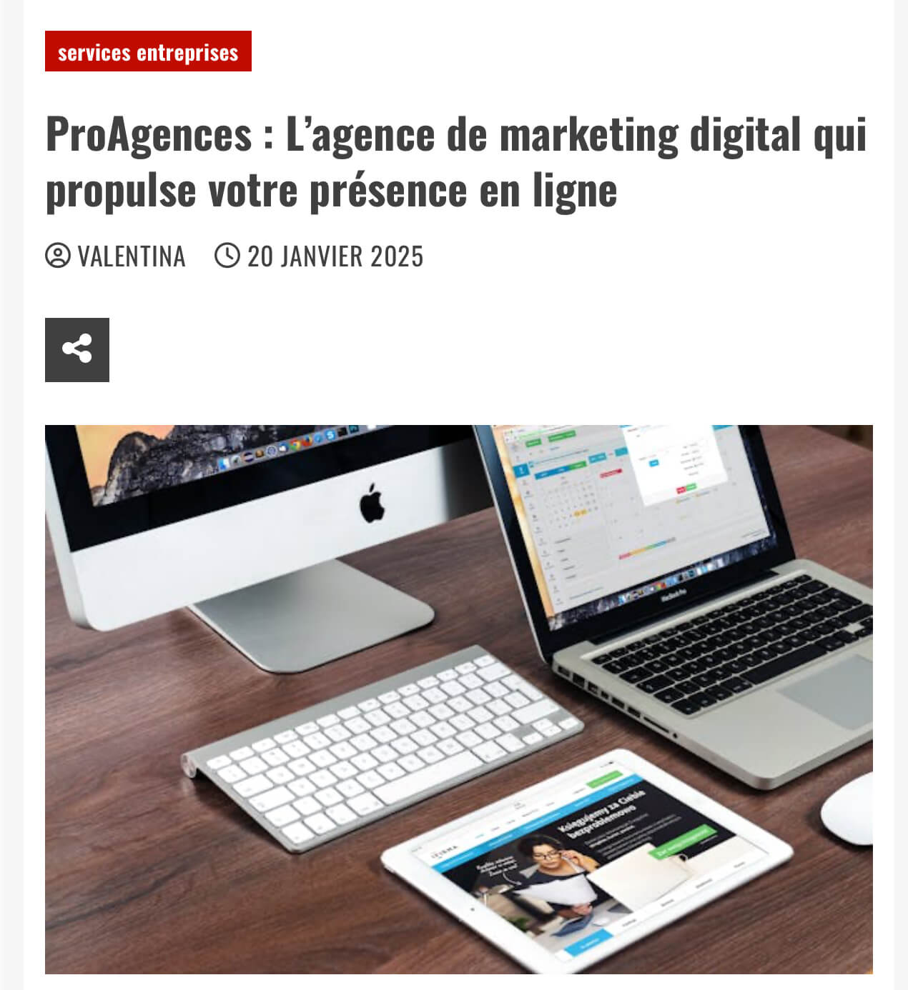 Logo de ProAgences accompagné d’un article détaillant notre expertise en marketing digital et création de solutions sur mesure.<br />
